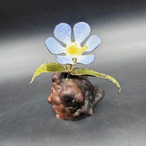 Vintage Enamel On Copper Flower Sculpture Figurine Blue Burl Wood Floral Decor